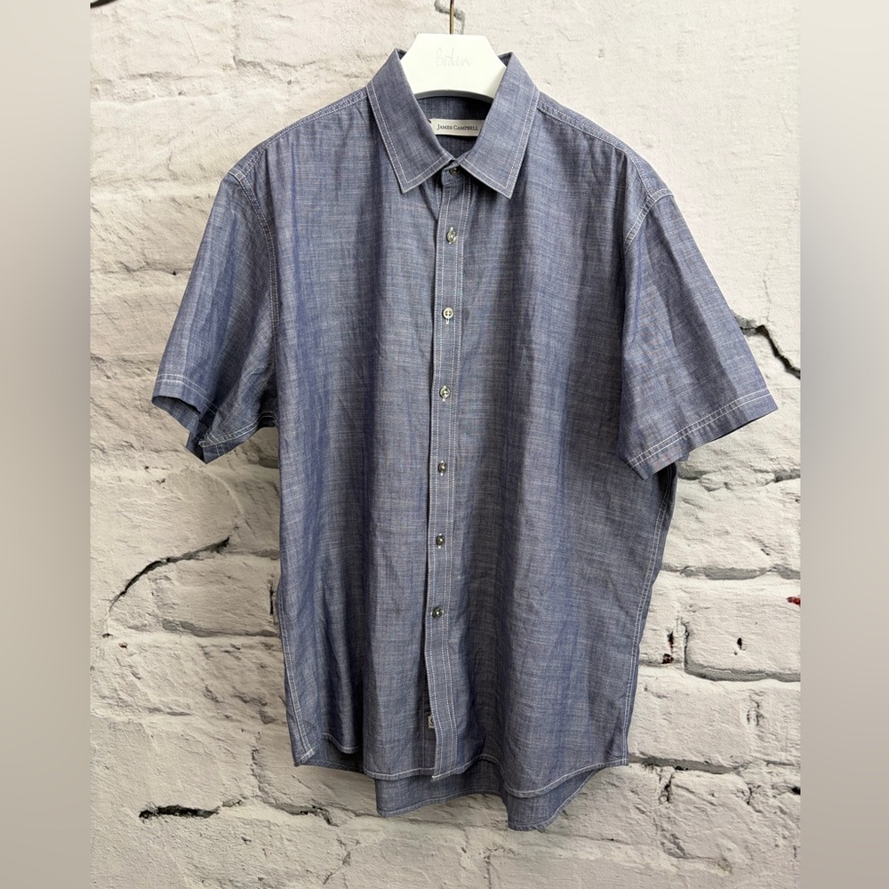James Campbell Denim Blue 100% Cotton Button Up Short Sleeve Casual Shirt Beachy - Picture 2 of 6